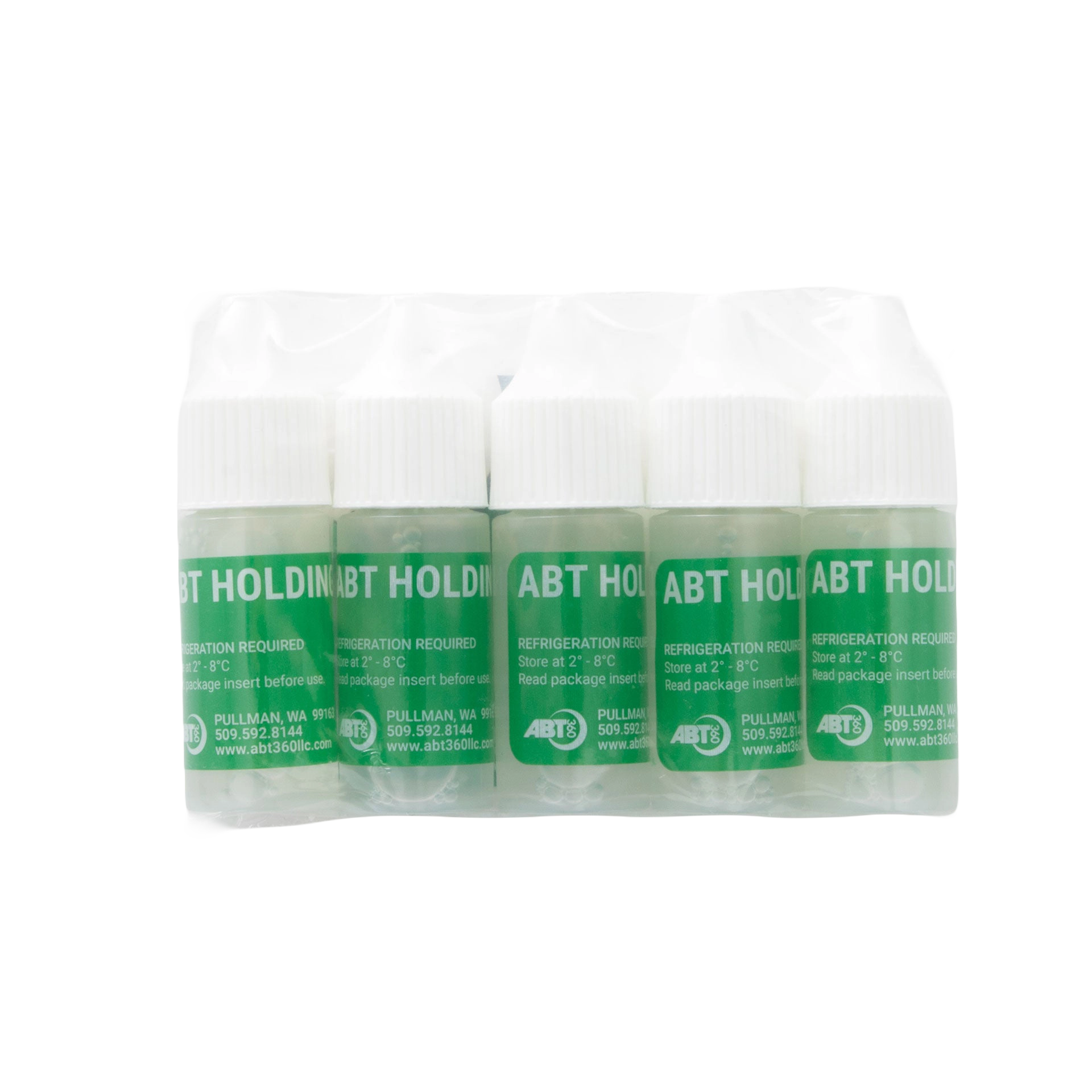 ABT360 Holding Media,"Pack of five clear vials with white caps and green labels"
