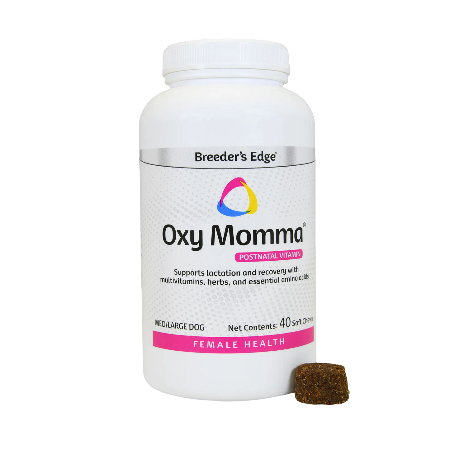 Postpartum Essentials,"White supplement bottle with single soft chew beside it"
