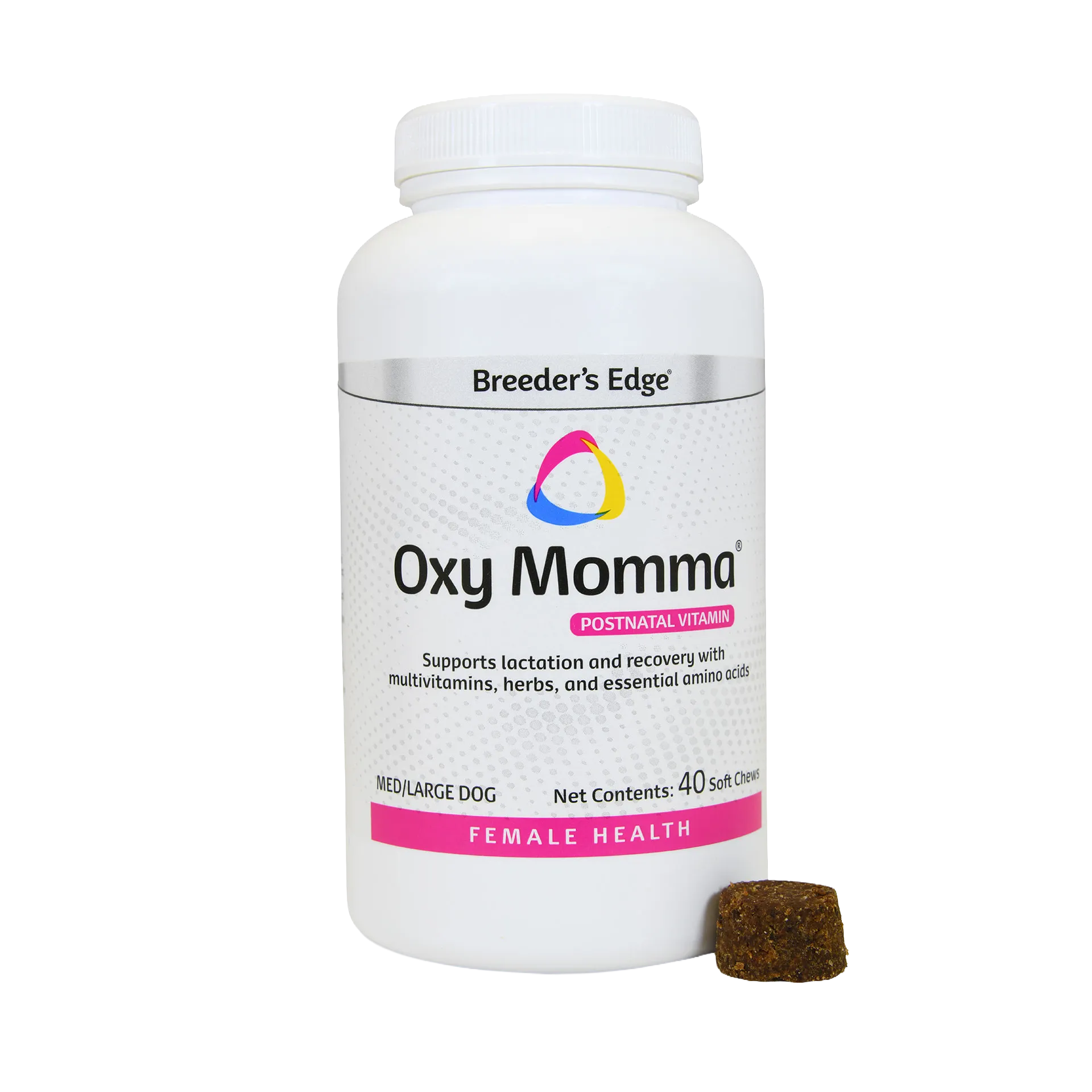 Postpartum Essentials,"White supplement bottle with single soft chew beside it"