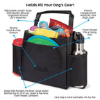 Car Seat Back Organizer Travel Bag,"Black seat back organizer filled with pet gear and bottle pockets"