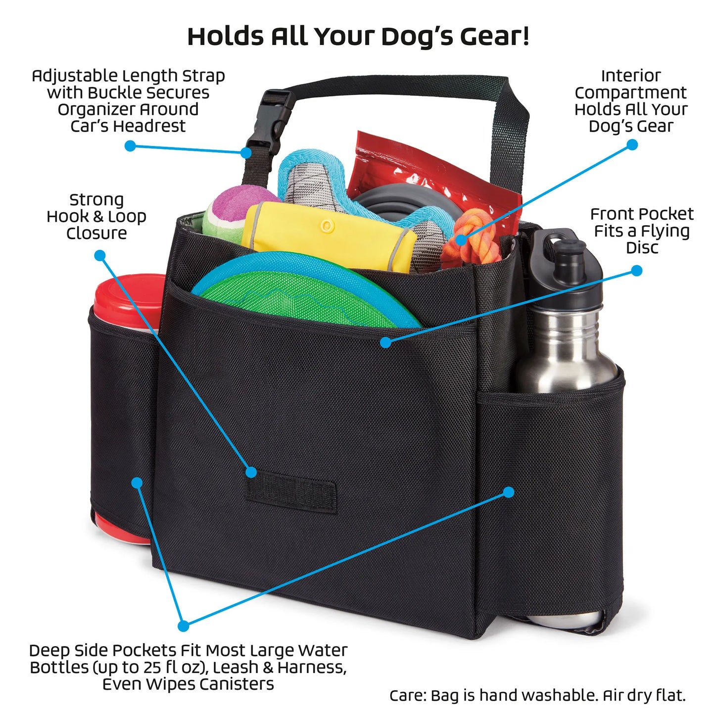Car Seat Back Organizer Travel Bag,"Black seat back organizer filled with pet gear and bottle pockets"