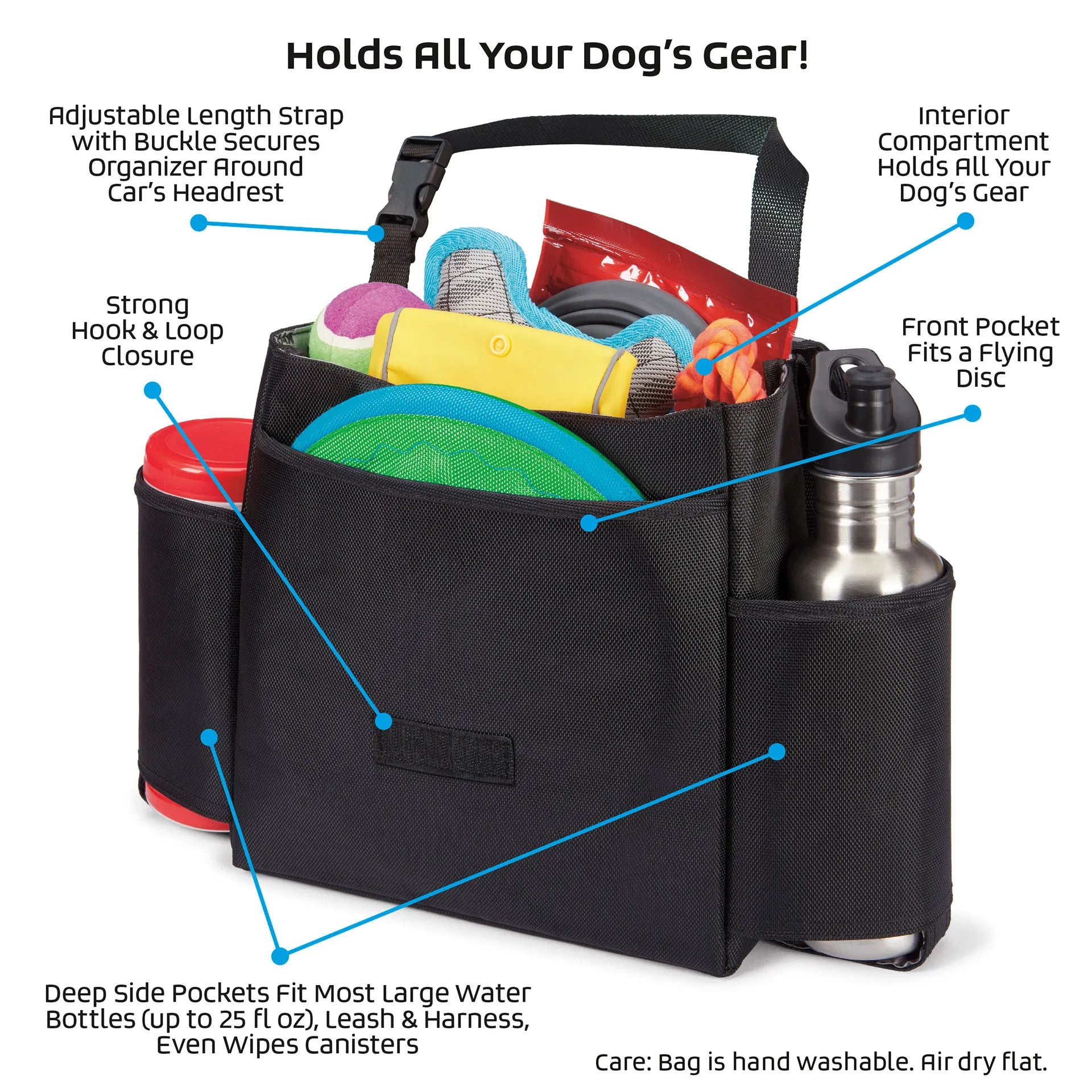 Car Seat Back Organizer Travel Bag,"Black seat back organizer filled with pet gear and bottle pockets"