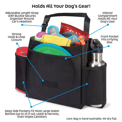 Car Seat Back Organizer Travel Bag,"Black seat back organizer filled with pet gear and bottle pockets"