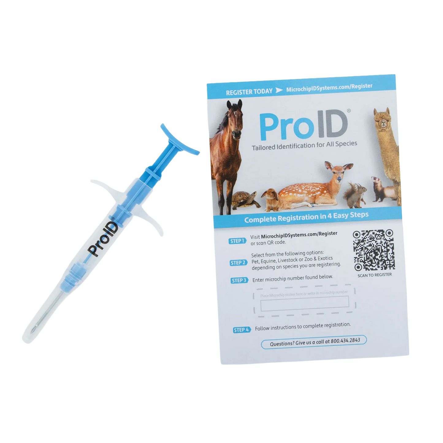 ProID® ISO Microchips,"Blue implanter needle with registration card"