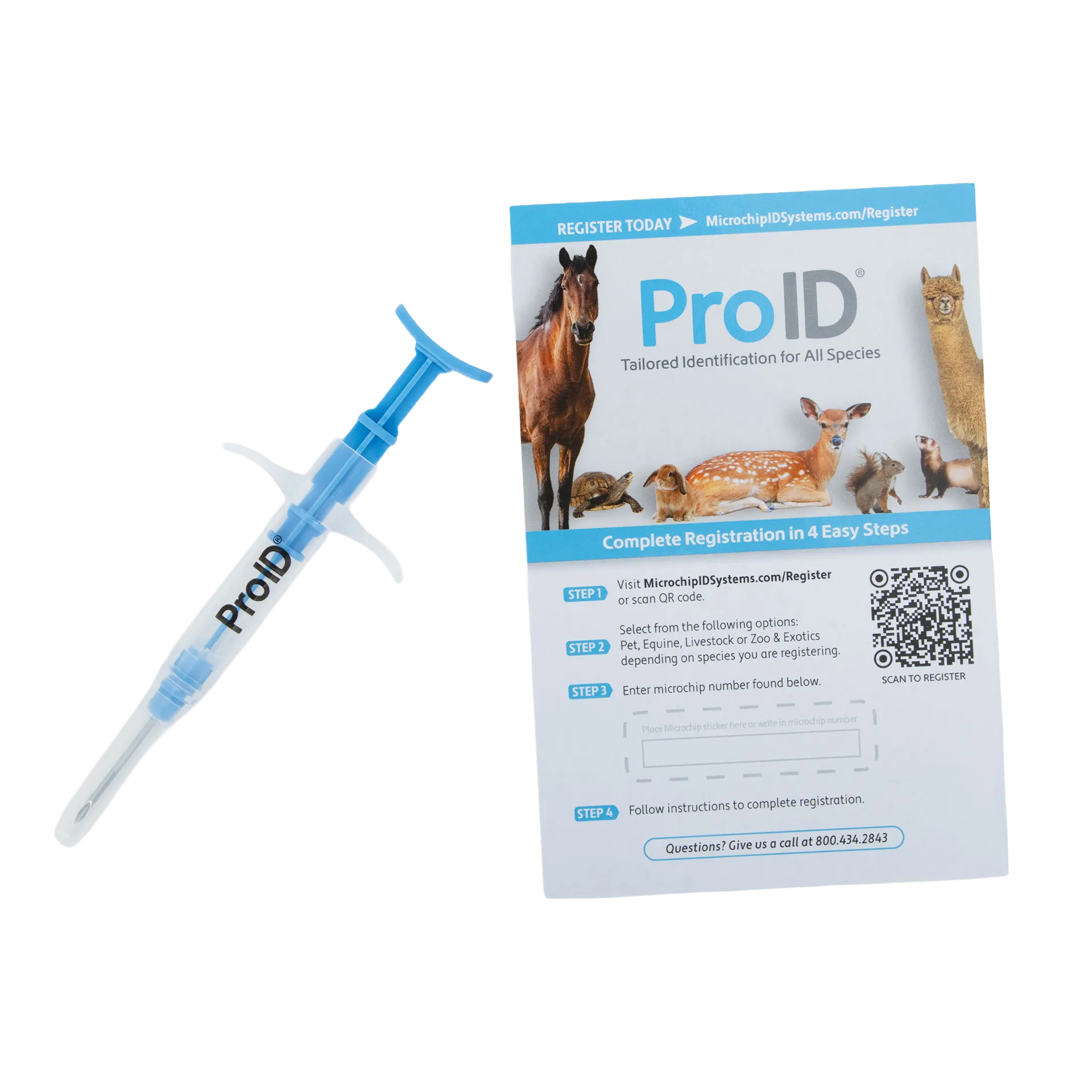 ProID® ISO Microchips,"Blue implanter needle with registration card"