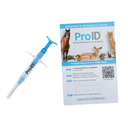 ProID® ISO Microchips,"Blue implanter needle with registration card"