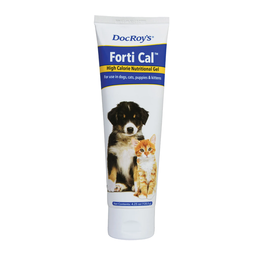 Doc Roy's® Forti Cal™,"White squeeze tube with blue label and puppy and kitten image"