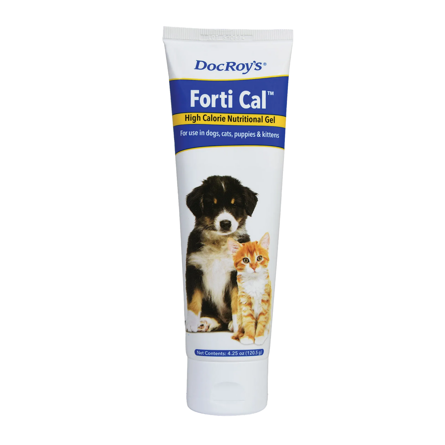 Doc Roy's® Forti Cal™,"White squeeze tube with blue label and puppy and kitten image"