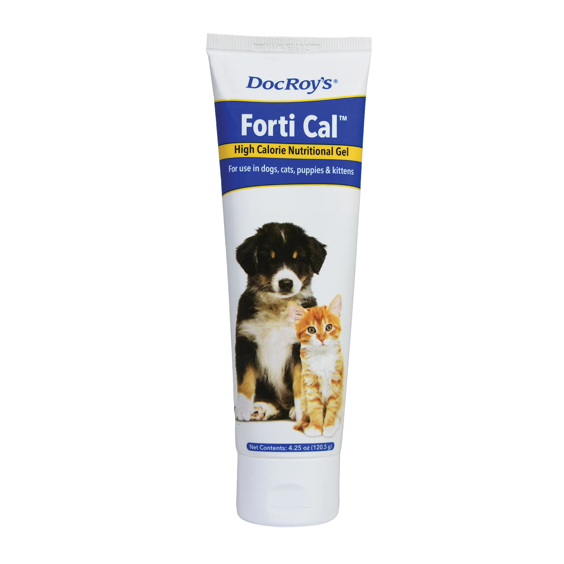 Doc Roy's® Forti Cal™,"White squeeze tube with blue label and puppy and kitten image"