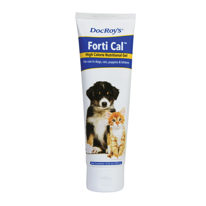 Doc Roy's® Forti Cal™,"White squeeze tube with blue label and puppy and kitten image"