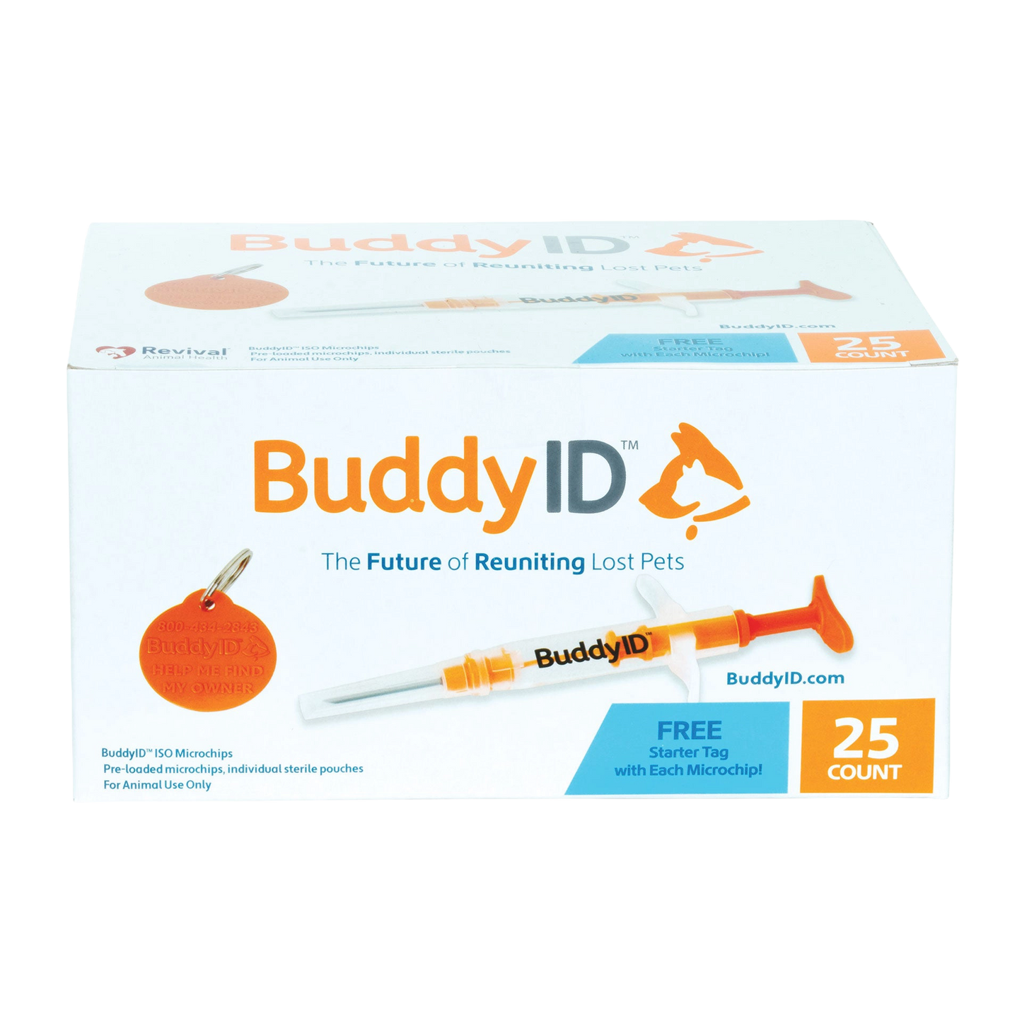 BuddyID®  ISO Microchip,"Box with syringe applicator and round pet ID tag"