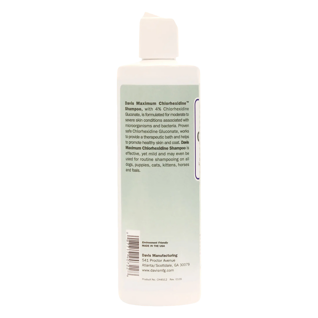 Maximum Chlorhexidine Shampoo,"White shampoo bottle with back label and flip-top cap"