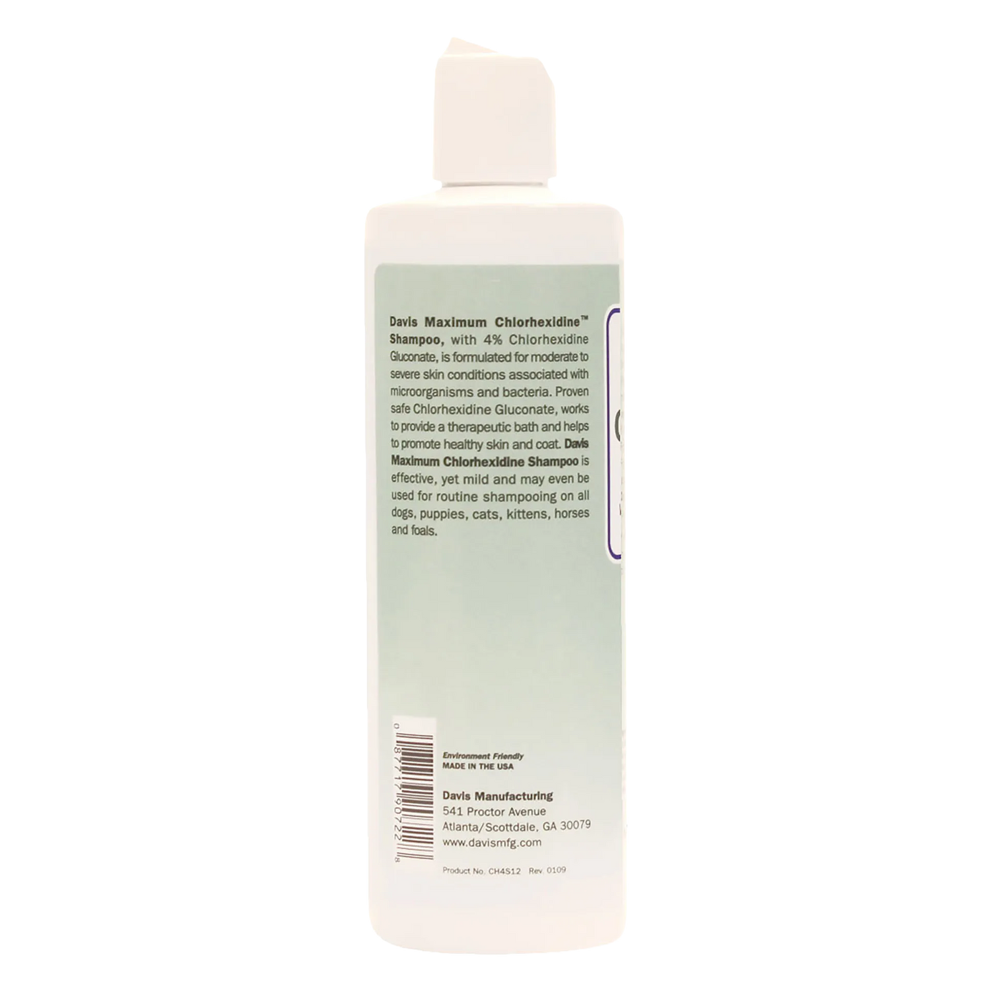 Maximum Chlorhexidine Shampoo,"White shampoo bottle with back label and flip-top cap"