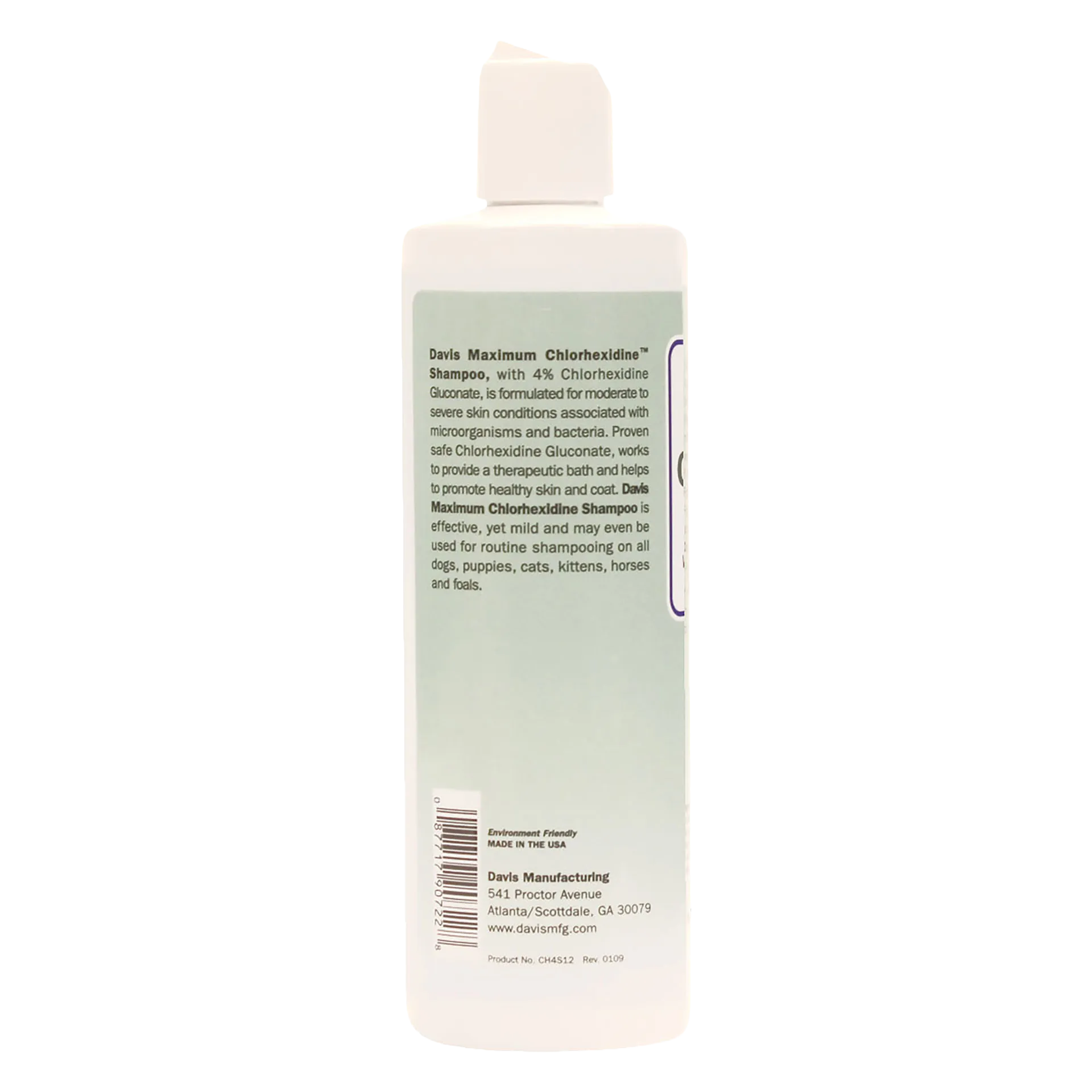 Maximum Chlorhexidine Shampoo,"White shampoo bottle with back label and flip-top cap"