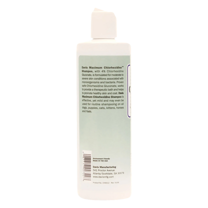 Maximum Chlorhexidine Shampoo,"White shampoo bottle with back label and flip-top cap"