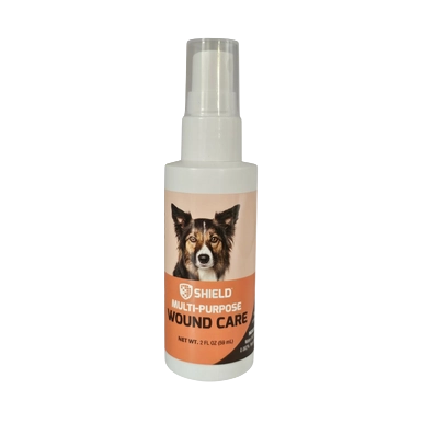Multi Purpose Wound Care Spray by Shield,"Spray bottle with clear cap and dog label"