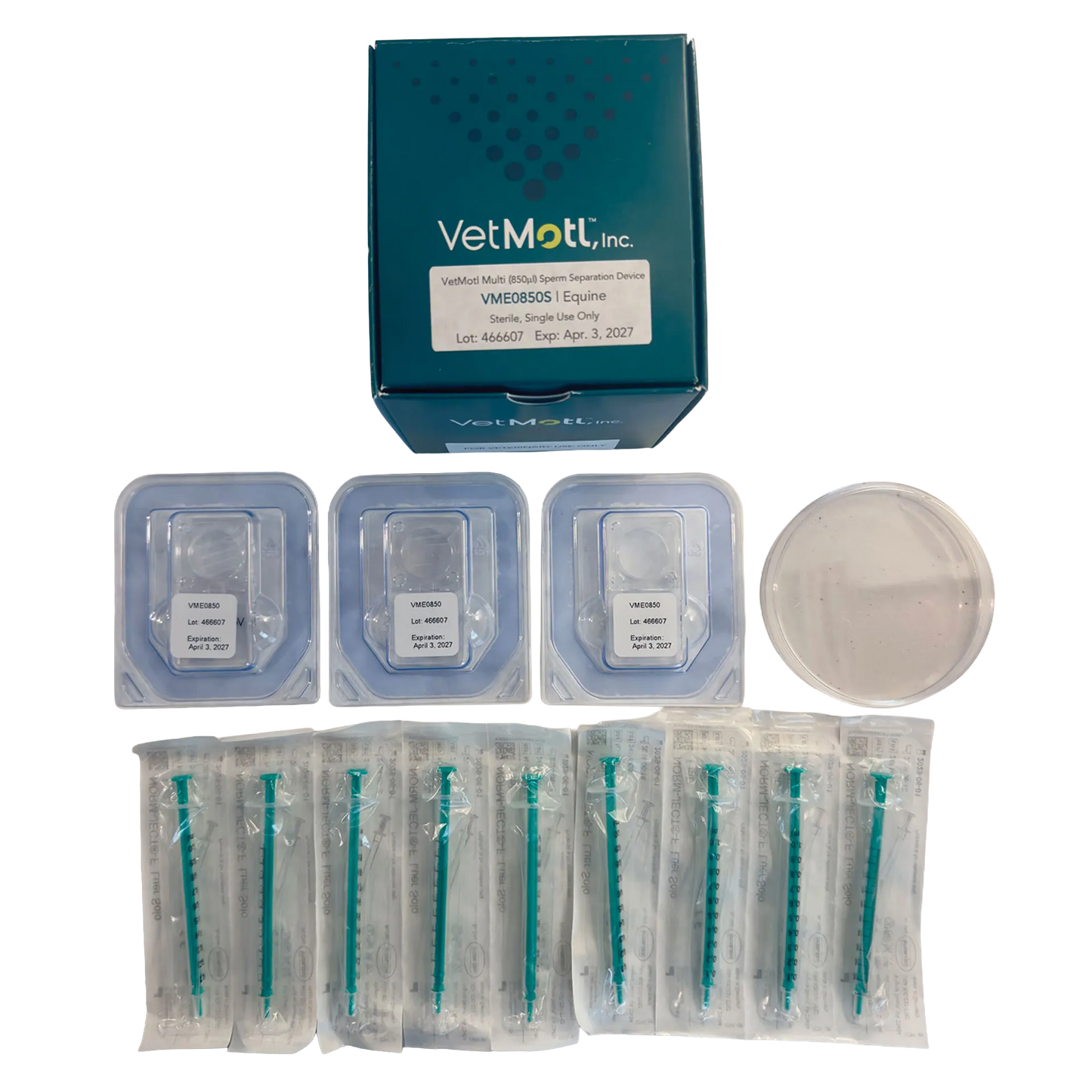 VetMotl Sperm Separation Device,"Box with trays, petri dish, and wrapped syringes"
