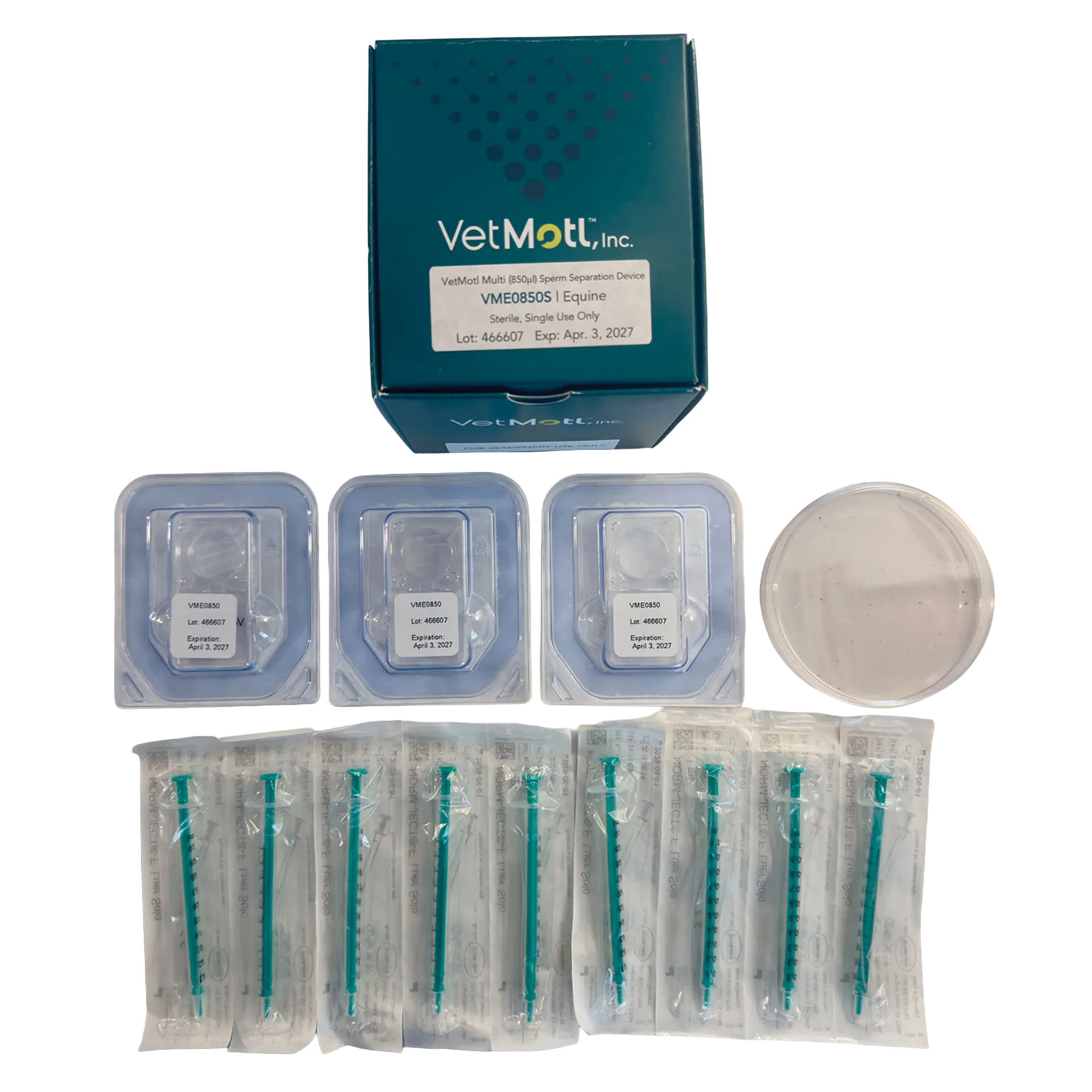 VetMotl Sperm Separation Device,"Box with trays, petri dish, and wrapped syringes"