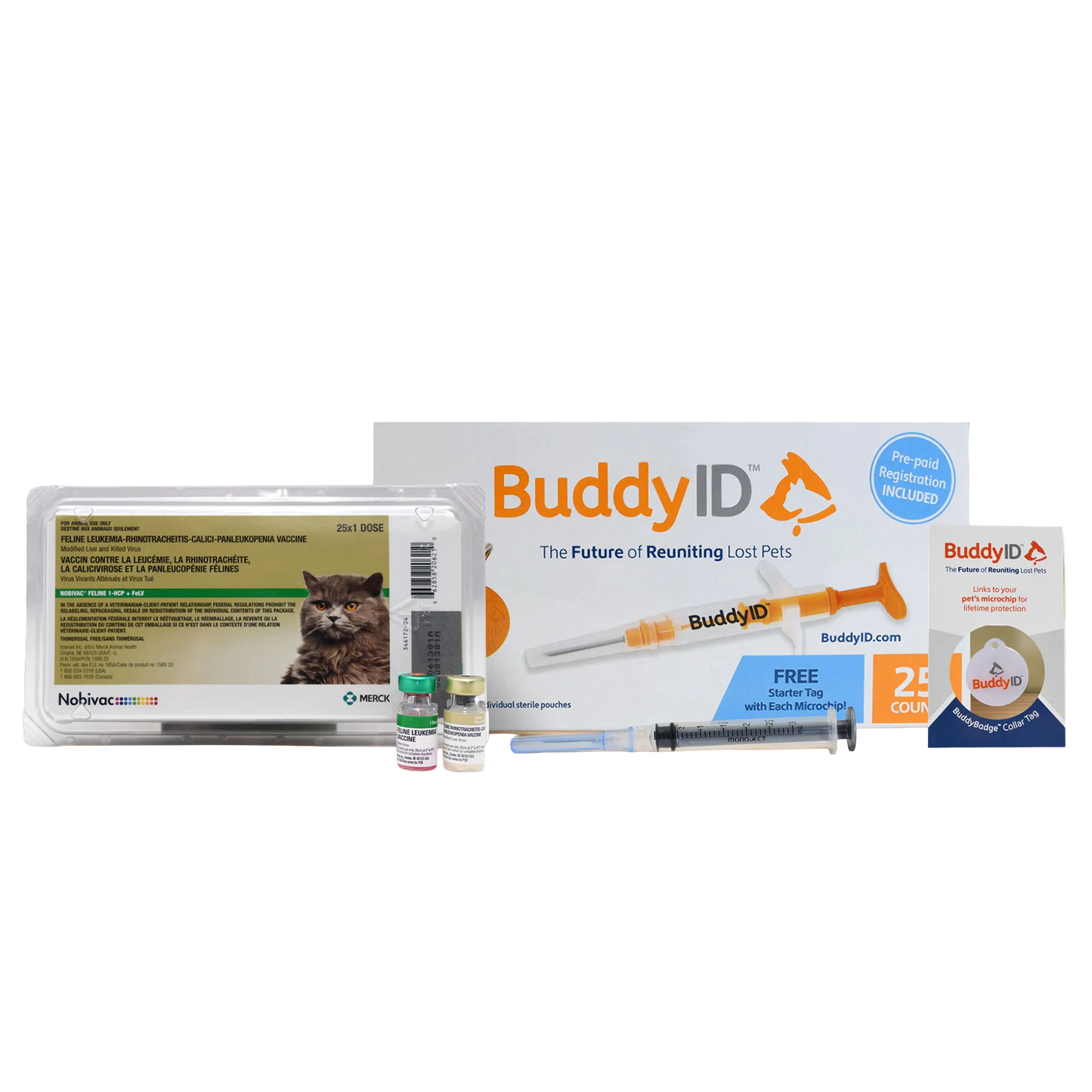 Deluxe Kitten Vaccination and Microchip Bundle,"Vaccine tray with two vials, syringe, microchip box, and collar tag"