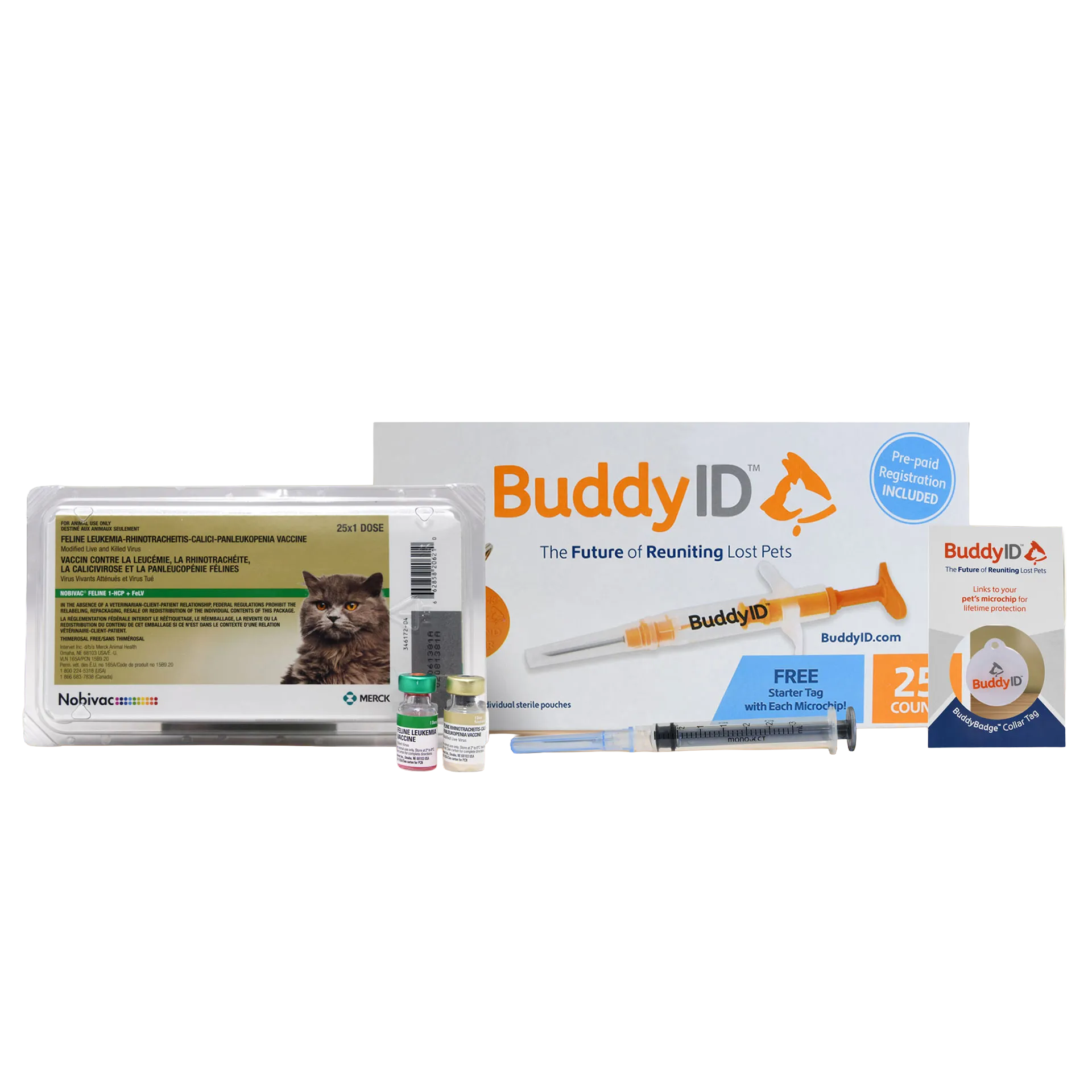Deluxe Kitten Vaccination and Microchip Bundle,"Vaccine tray with two vials, syringe, microchip box, and collar tag"