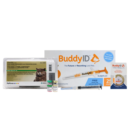 Deluxe Kitten Vaccination and Microchip Bundle,"Vaccine tray with two vials, syringe, microchip box, and collar tag"