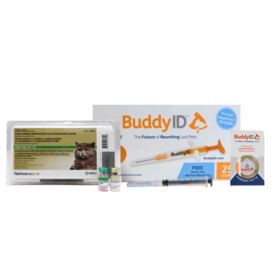 Deluxe Kitten Vaccination and Microchip Bundle,"Vaccine tray with two vials, syringe, microchip box, and collar tag"