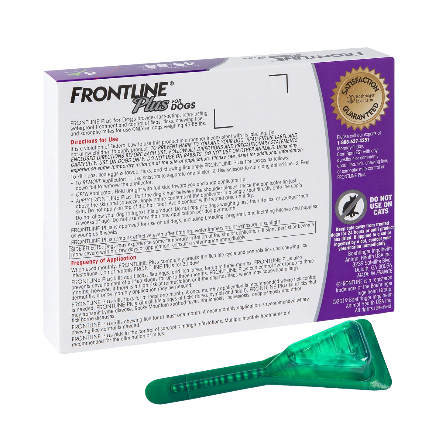 Frontline® Plus for Dogs,"Box with back panel shown and green applicator tube"
