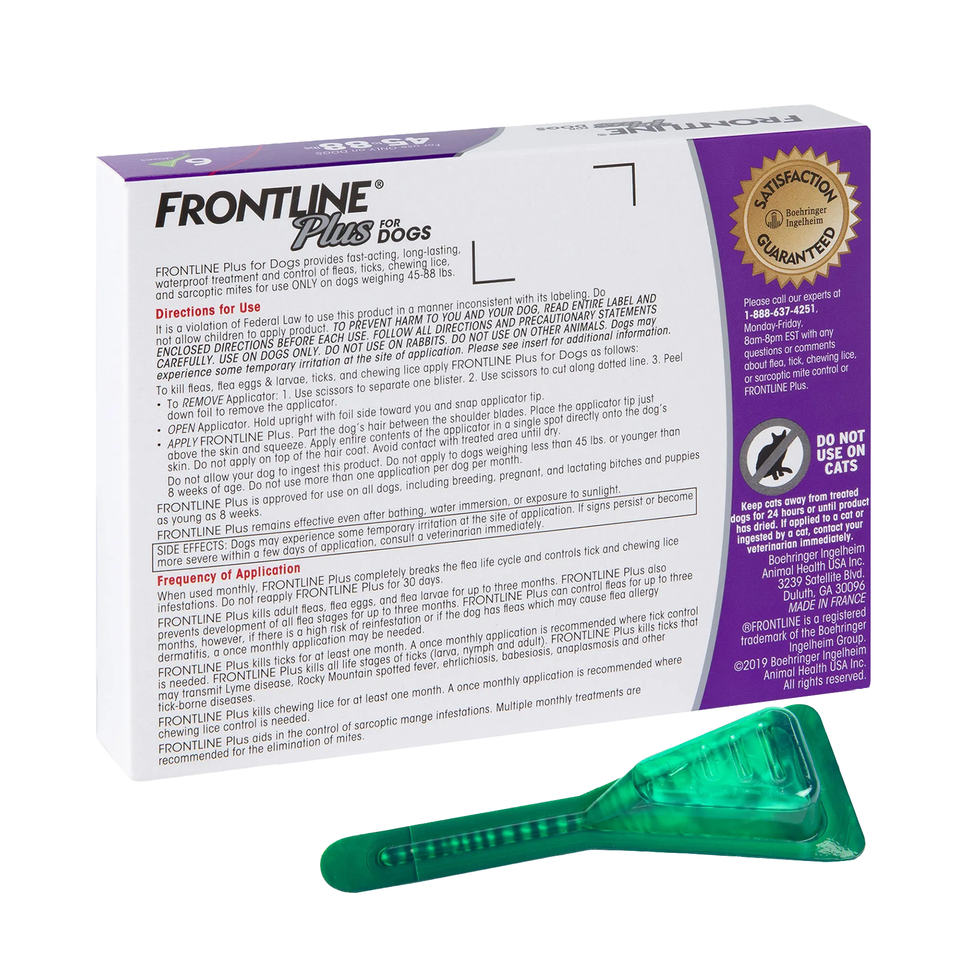 Frontline® Plus for Dogs,"Box with back panel shown and green applicator tube"