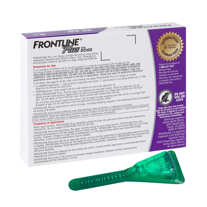 Frontline® Plus for Dogs,"Box with back panel shown and green applicator tube"