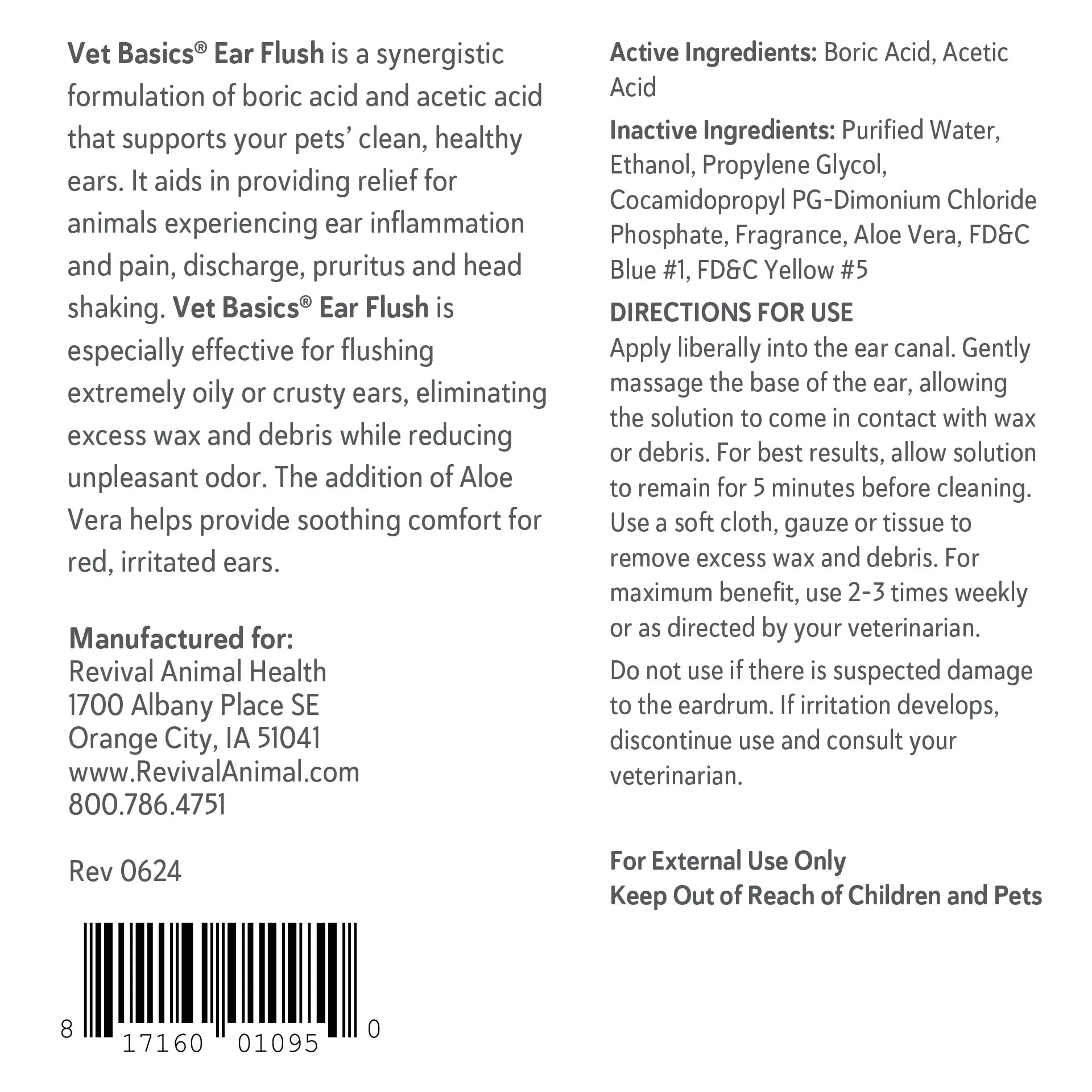 Vet Basics® Ear Flush,"Back label view of bottle with directions and barcode"