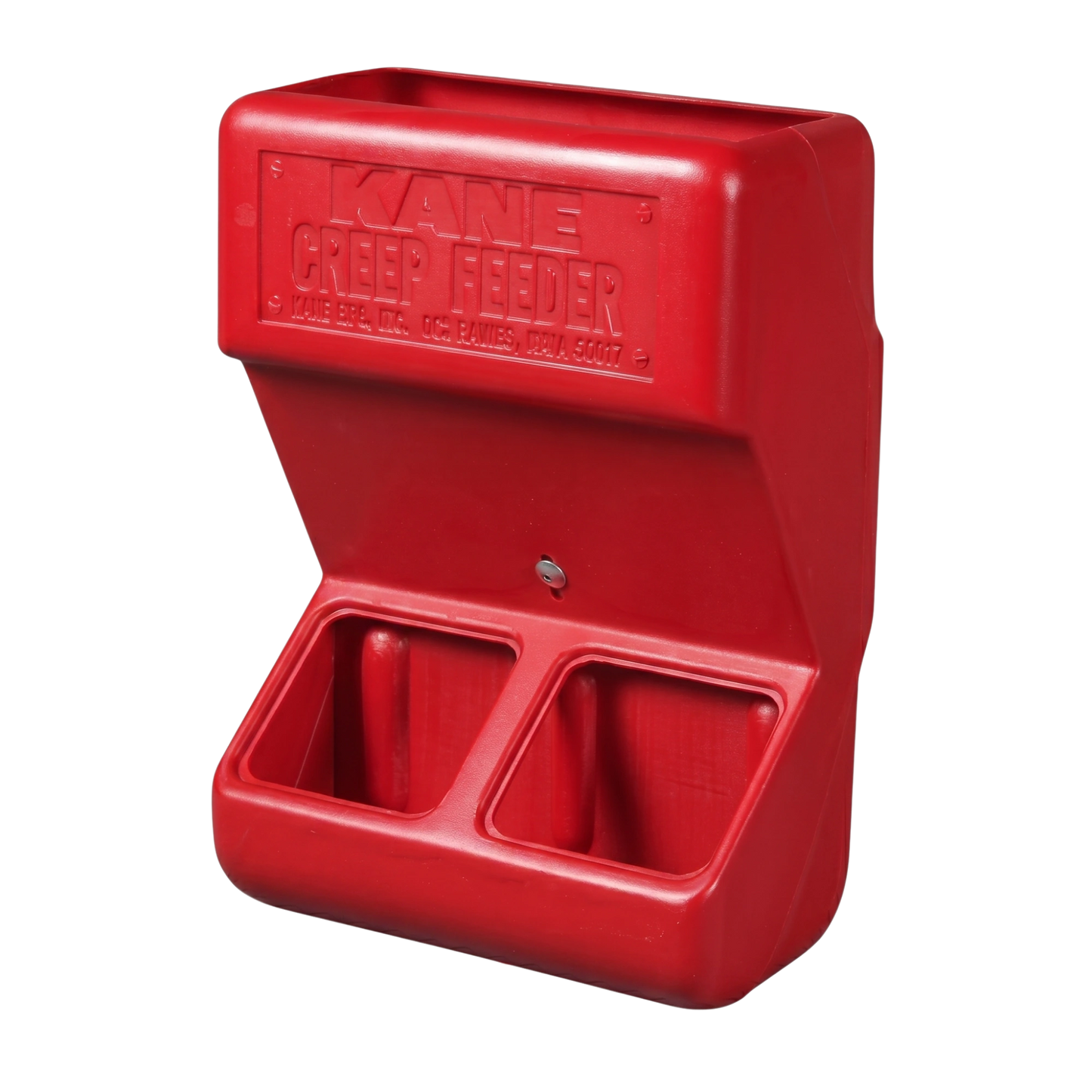 Creep Feeder,"Red plastic feeder with two front feed openings"