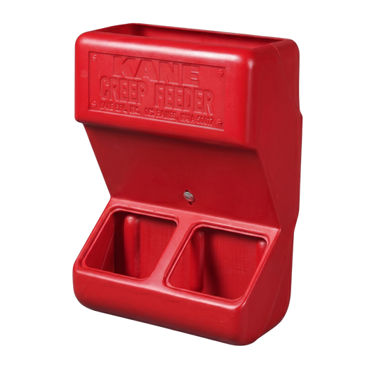 Creep Feeder,"Red plastic feeder with two front feed openings"