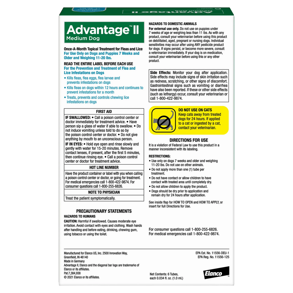 Advantage™ II for Dogs,"Back of product box with directions and warning panels"