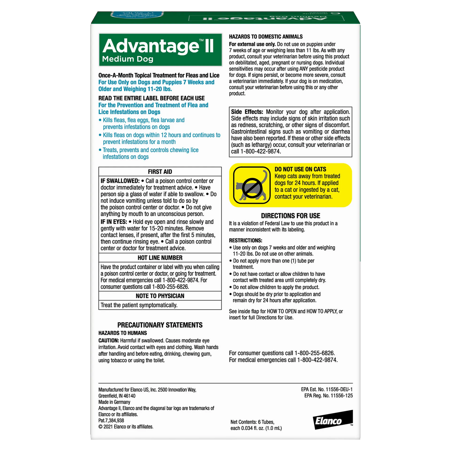 Advantage™ II for Dogs,"Back of product box with directions and warning panels"