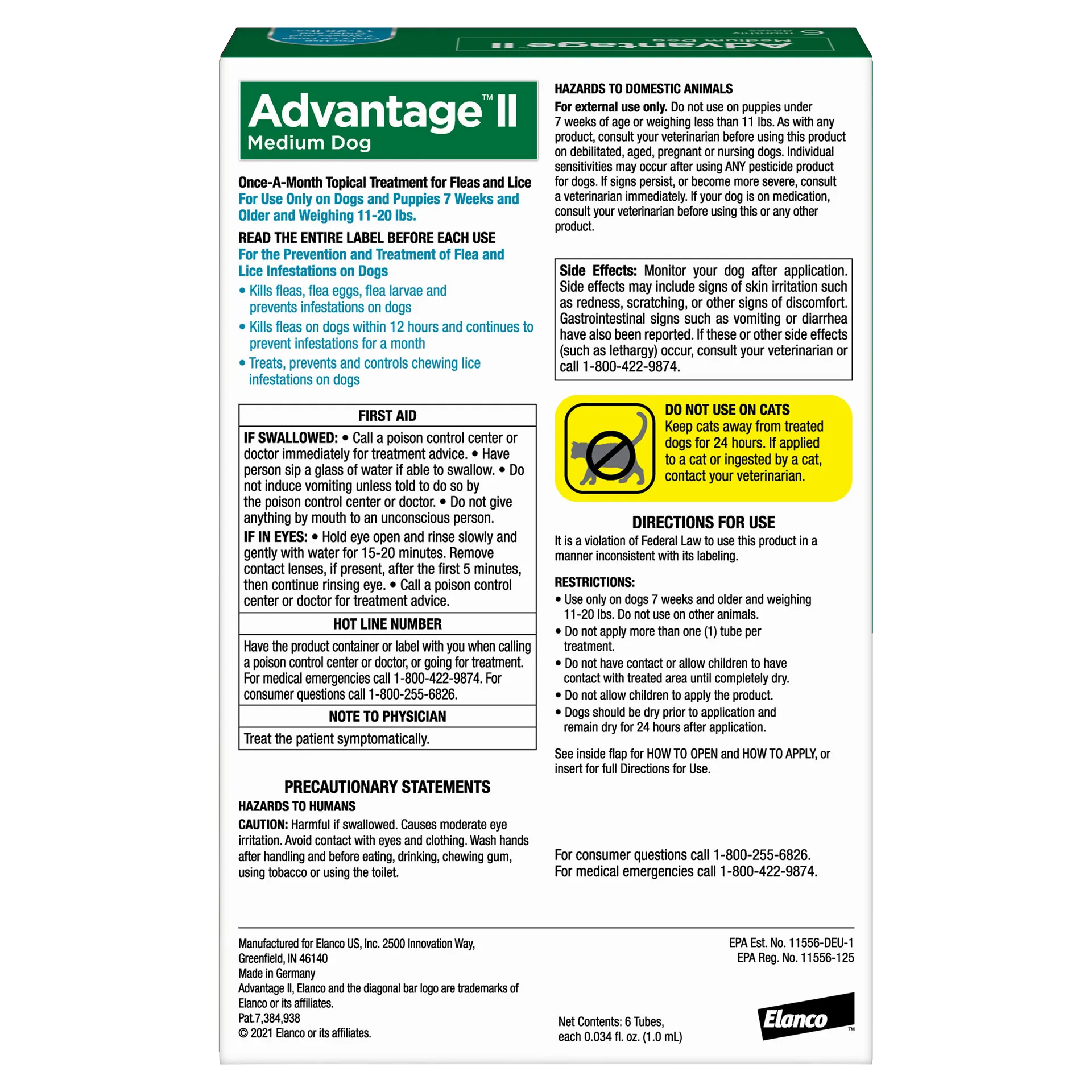 Advantage™ II for Dogs,"Back of product box with directions and warning panels"