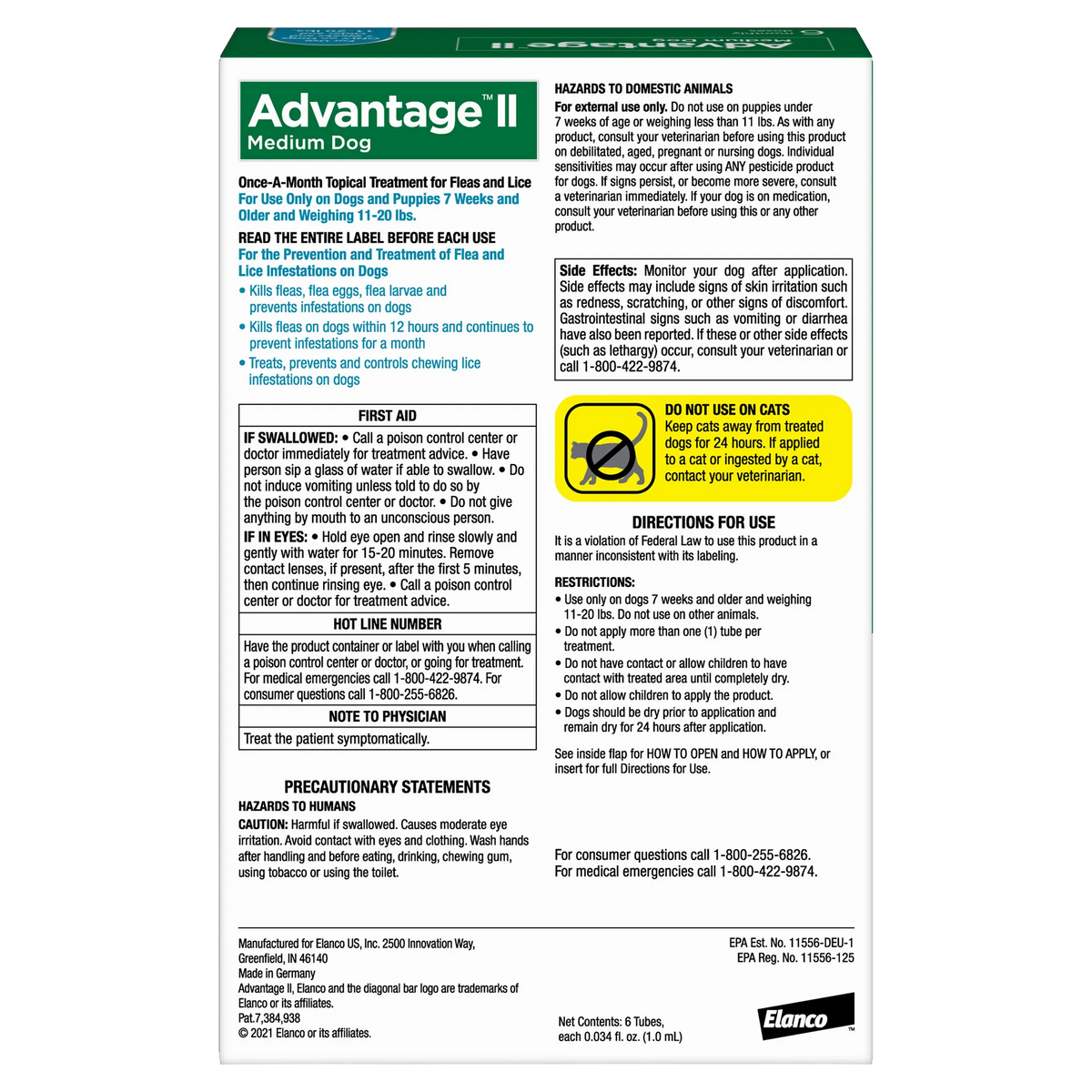 Advantage™ II for Dogs,"Back of product box with directions and warning panels"