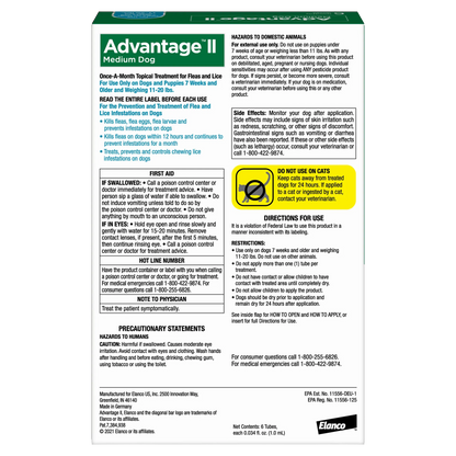 Advantage™ II for Dogs,"Back of product box with directions and warning panels"
