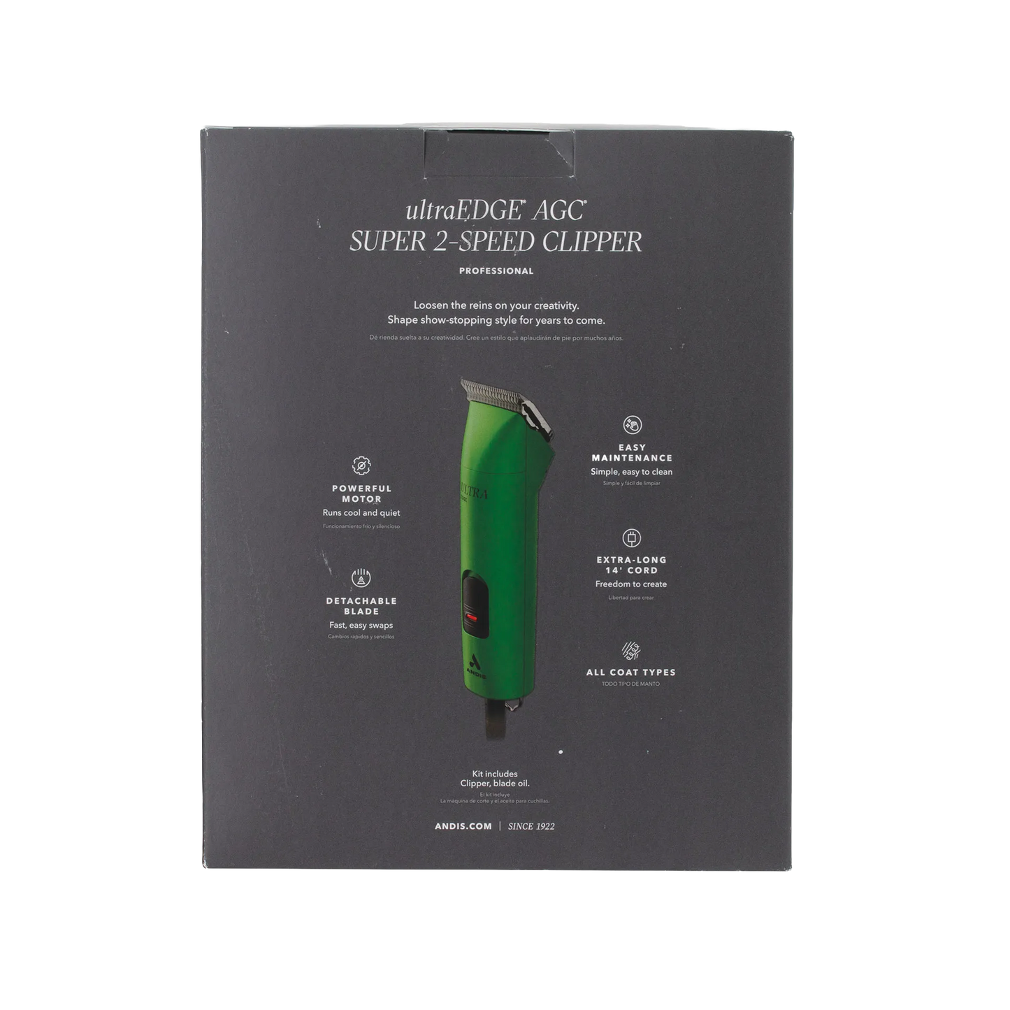 Andis® UltraEdge® Pro Clip AGC Super 2 Animal Clipper,"Black product box with green clipper on front"