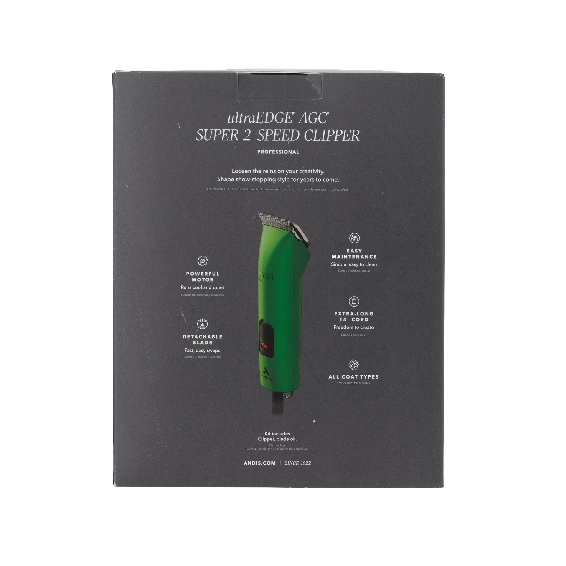 Andis® UltraEdge® Pro Clip AGC Super 2 Animal Clipper,"Black product box with green clipper on front"