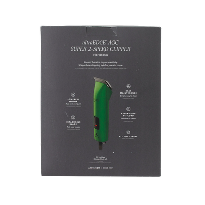 Andis® UltraEdge® Pro Clip AGC Super 2 Animal Clipper,"Black product box with green clipper on front"