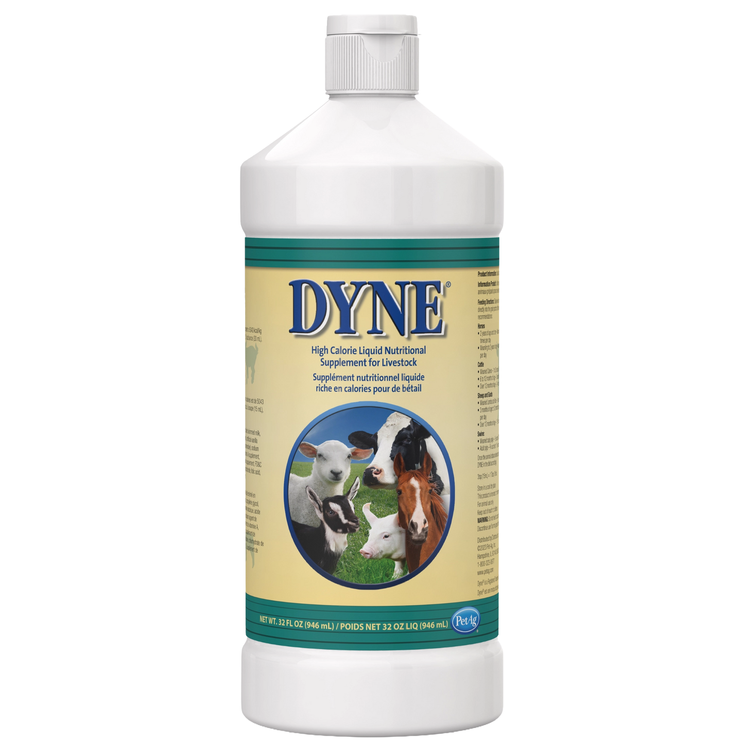PetAg Dyne High Calorie Liquid Nutritional Supplement for Livestock,"White bottle with yellow label and livestock images"