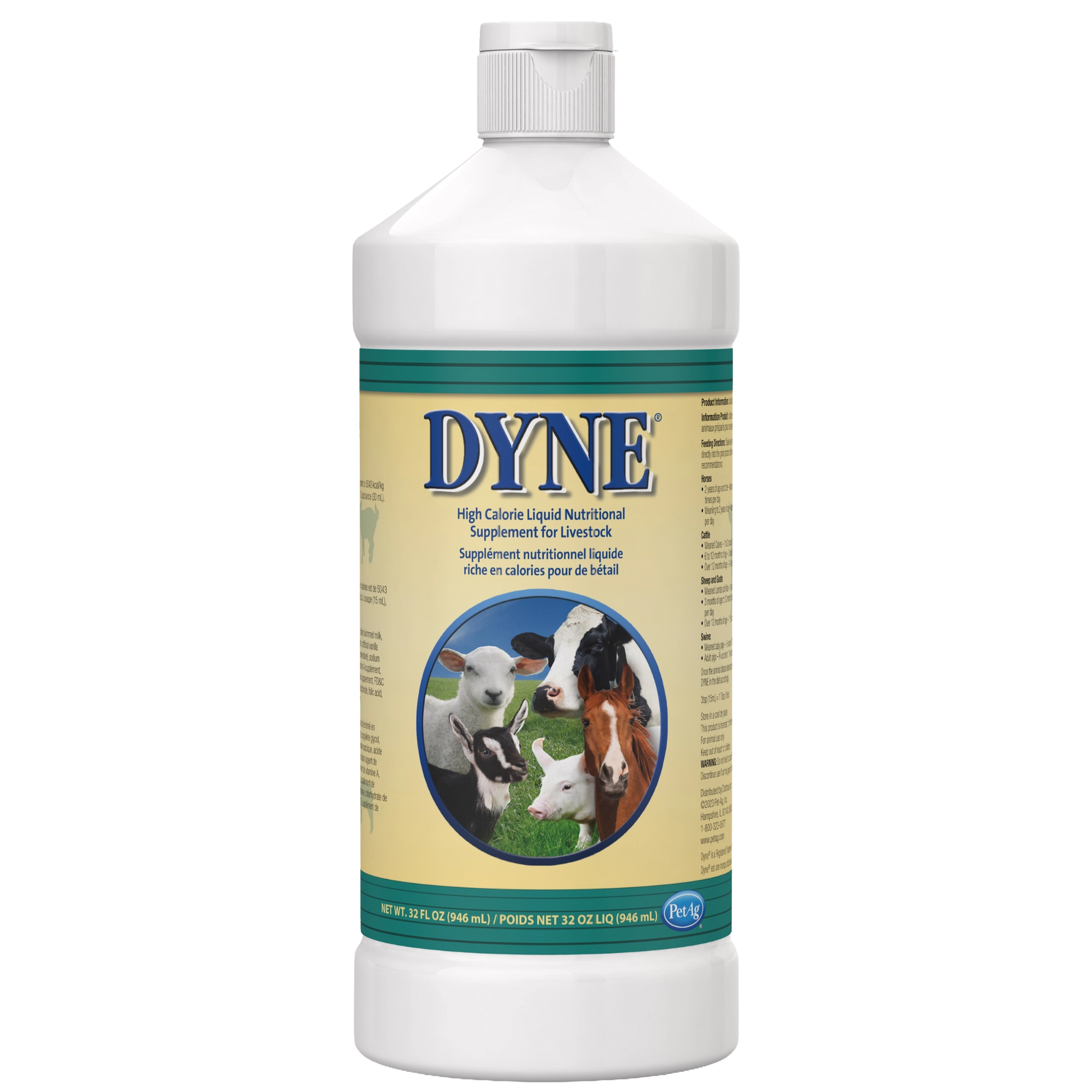 PetAg Dyne High Calorie Liquid Nutritional Supplement for Livestock,"White bottle with yellow label and livestock images"