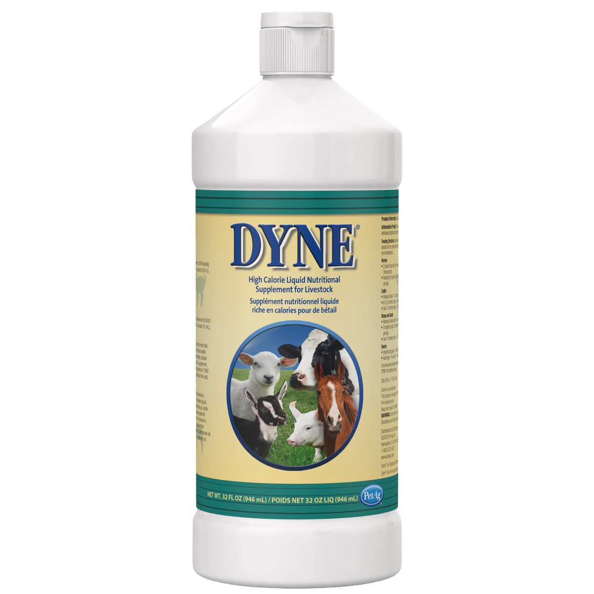 PetAg Dyne High Calorie Liquid Nutritional Supplement for Livestock,"White bottle with yellow label and livestock images"
