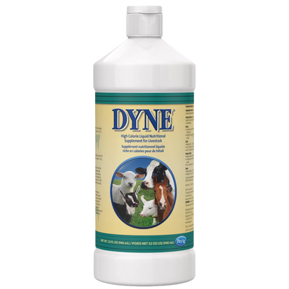 PetAg Dyne High Calorie Liquid Nutritional Supplement for Livestock,"White bottle with yellow label and livestock images"