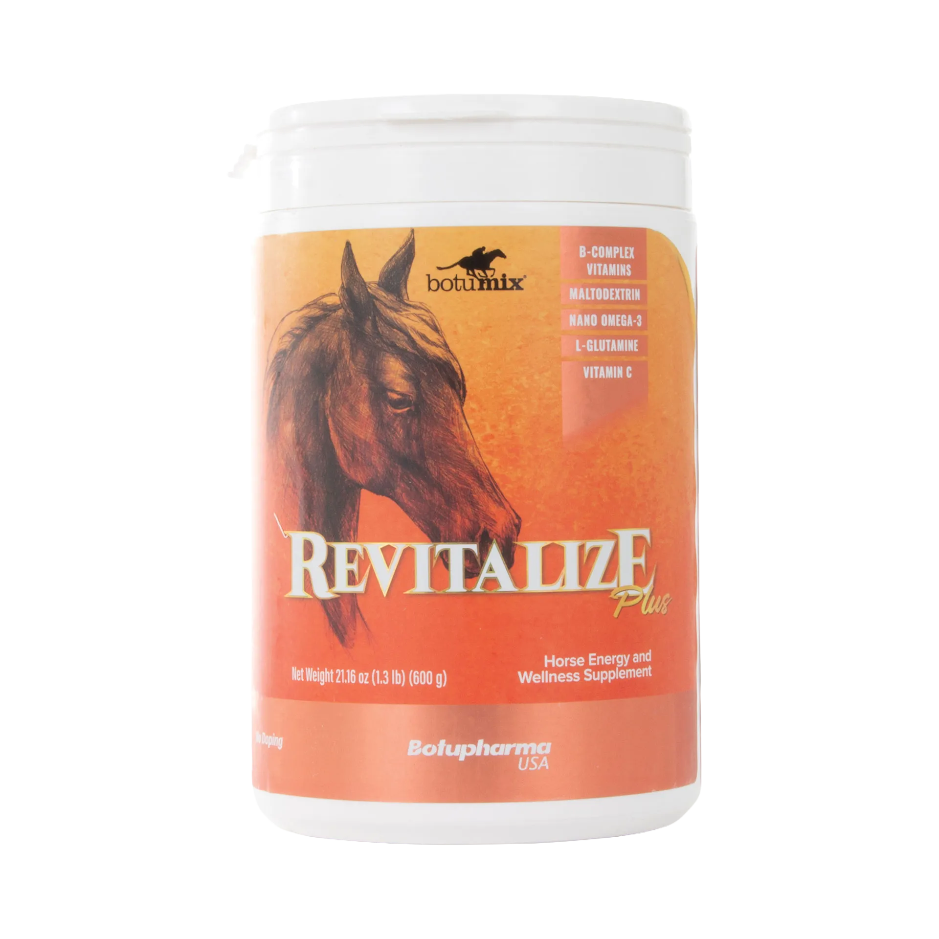 Botumix Revitalize Plus Powder,"White plastic tub with orange horse illustration label"