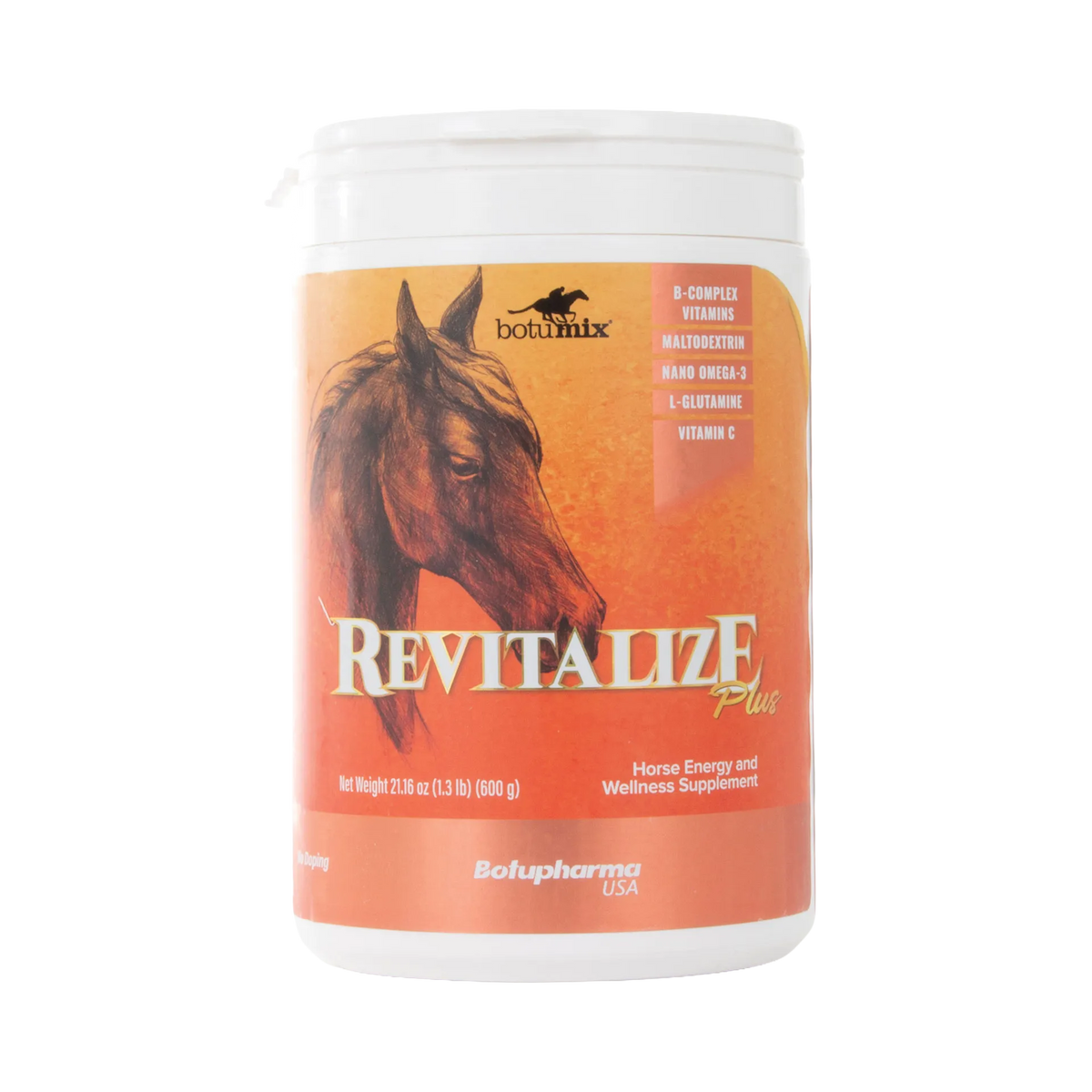 Botumix Revitalize Plus Powder,"White plastic tub with orange horse illustration label"