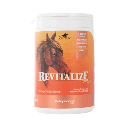 Botumix Revitalize Plus Powder,"White plastic tub with orange horse illustration label"
