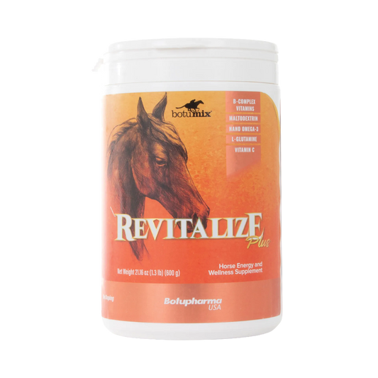 Botumix Revitalize Plus Powder,"White plastic tub with orange horse illustration label"