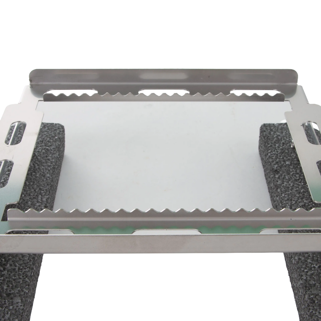 Floating Straw Rack,"Stainless steel rack with serrated slots and black foam side floats"