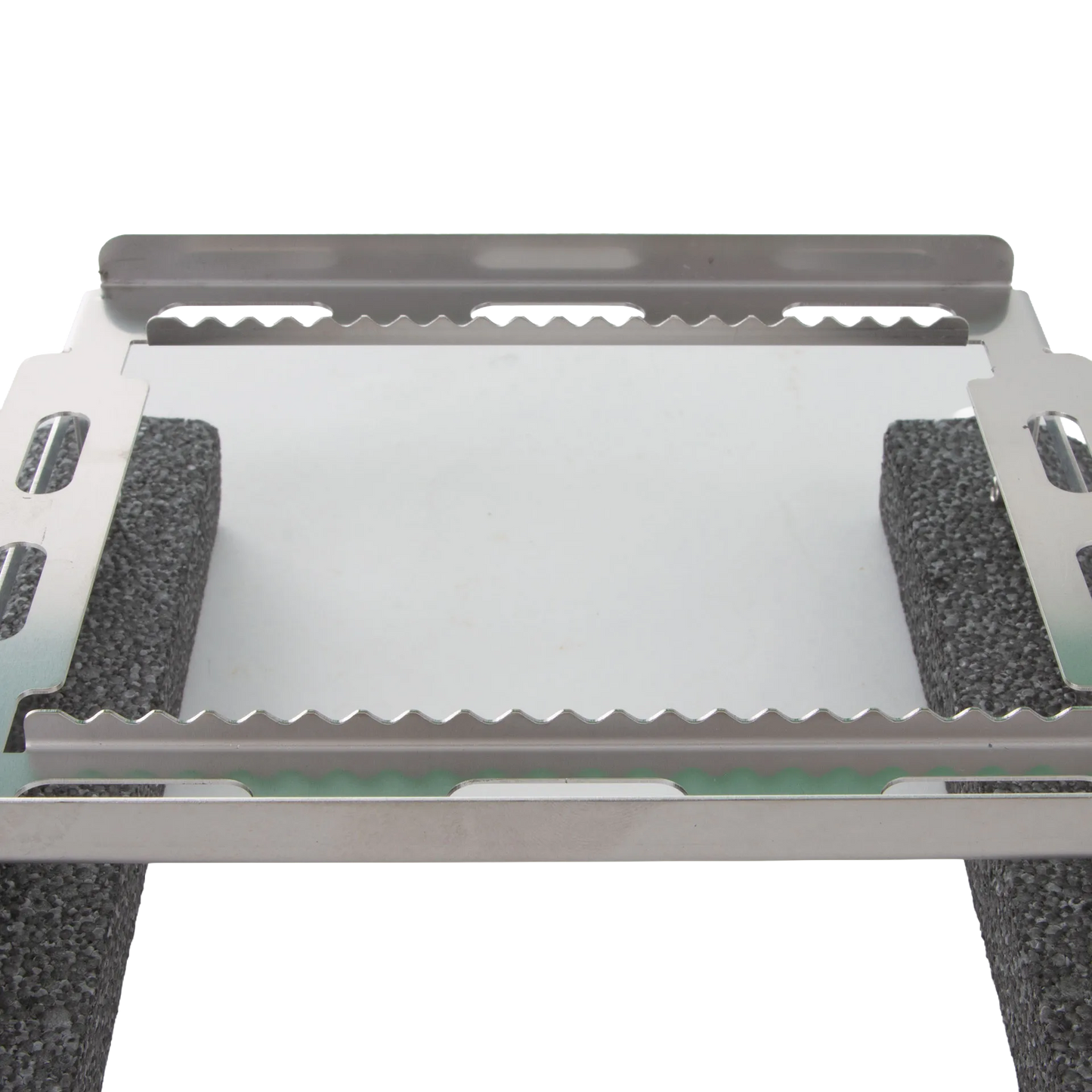 Floating Straw Rack,"Stainless steel rack with serrated slots and black foam side floats"